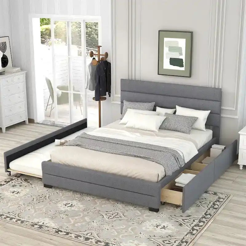 Queen Size Linen Upholstered Platform Bed with Twin Size Trundle Bed and Two Storage Drawers, Upholstered Headboard