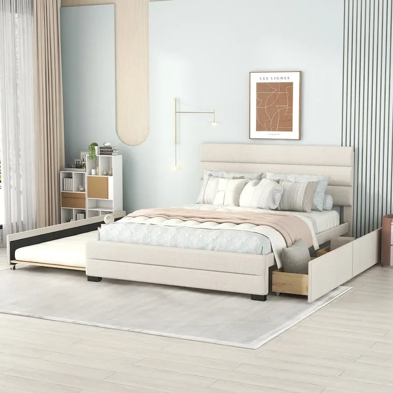 Queen Size Linen Upholstered Platform Bed with Twin Size Trundle Bed and Two Storage Drawers, Upholstered Headboard