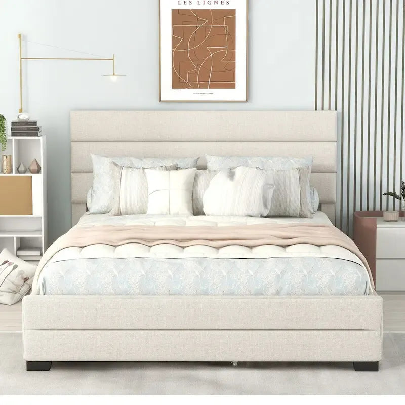 Queen Size Linen Upholstered Platform Bed with Twin Size Trundle Bed and Two Storage Drawers, Upholstered Headboard