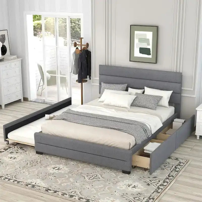 Queen Size Linen Upholstered Platform Bed with Twin Size Trundle Bed and Two Storage Drawers, Upholstered Headboard