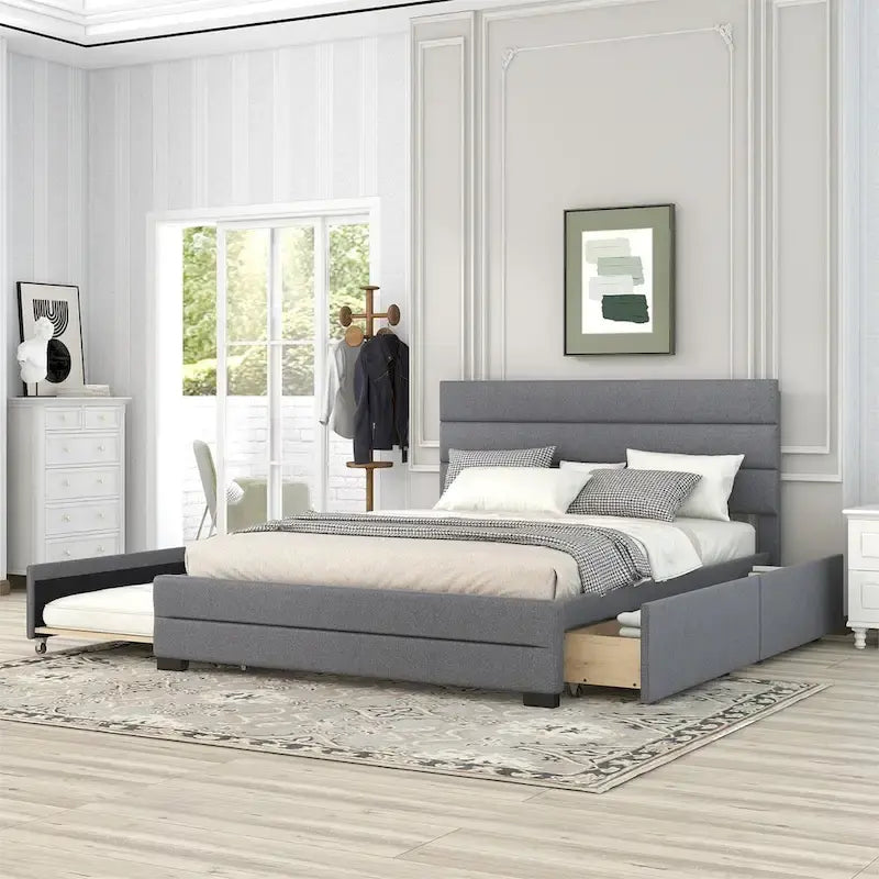 Queen Size Linen Upholstered Platform Bed with Twin Size Trundle Bed and Two Storage Drawers, Upholstered Headboard