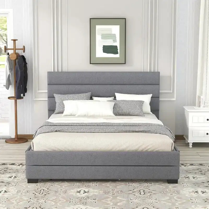 Queen Size Linen Upholstered Platform Bed with Twin Size Trundle Bed and Two Storage Drawers, Upholstered Headboard