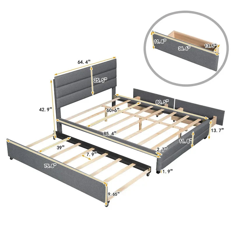 Queen Size Linen Upholstered Platform Bed with Twin Size Trundle Bed and Two Storage Drawers, Upholstered Headboard