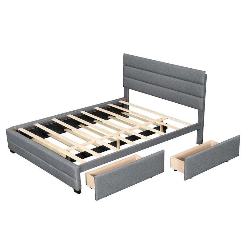 Queen Size Linen Upholstered Platform Bed with Twin Size Trundle Bed and Two Storage Drawers, Upholstered Headboard