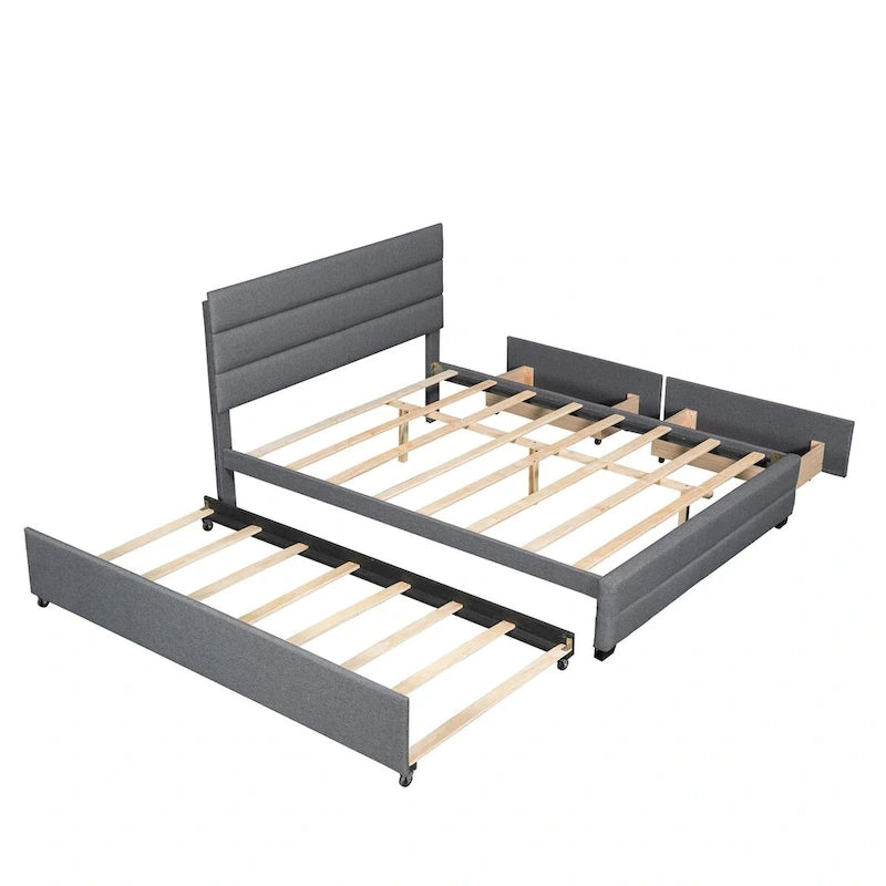 Queen Size Linen Upholstered Platform Bed with Twin Size Trundle Bed and Two Storage Drawers, Upholstered Headboard
