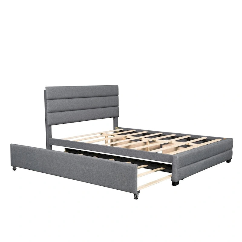 Queen Size Linen Upholstered Platform Bed with Twin Size Trundle Bed and Two Storage Drawers, Upholstered Headboard