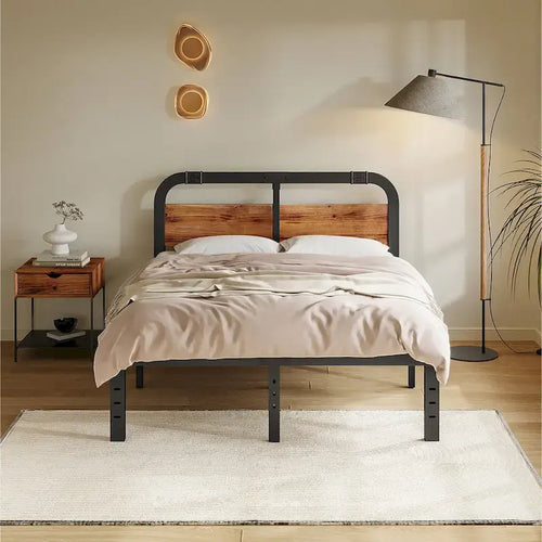 Bed Frame 14 Inch Rustic Wood Headboard, Heavy Duty Steel Slats Support, No Box Spring Needed