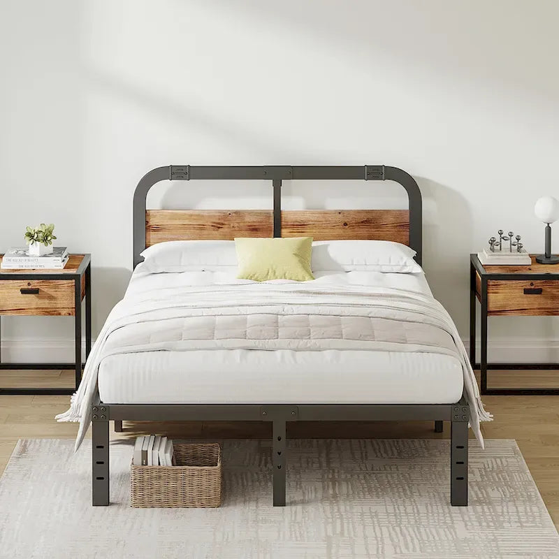 Bed Frame 14 Inch Rustic Wood Headboard, Heavy Duty Steel Slats Support, No Box Spring Needed