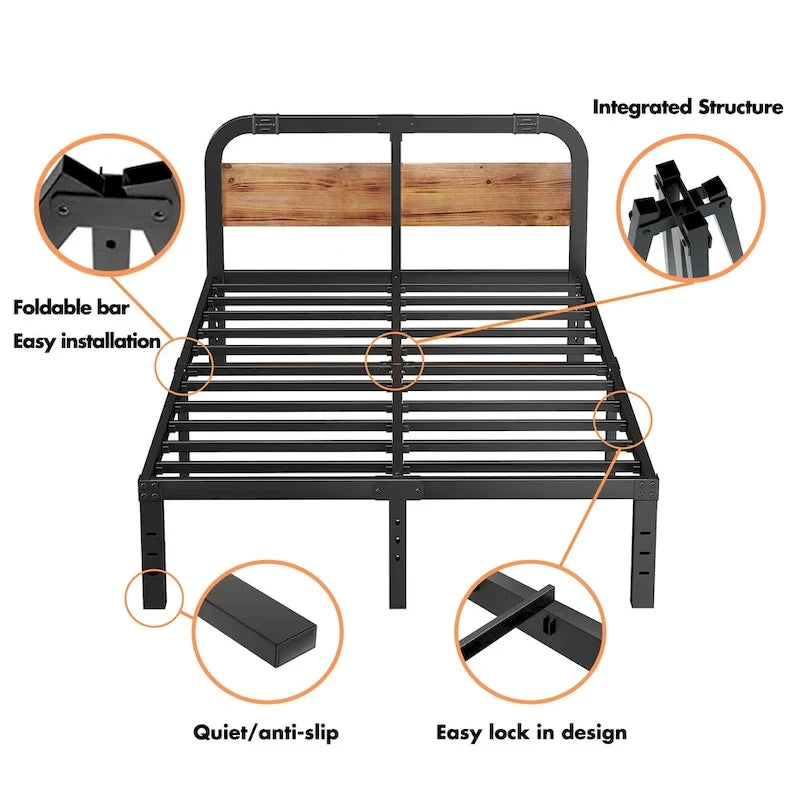 Bed Frame 14 Inch Rustic Wood Headboard, Heavy Duty Steel Slats Support, No Box Spring Needed