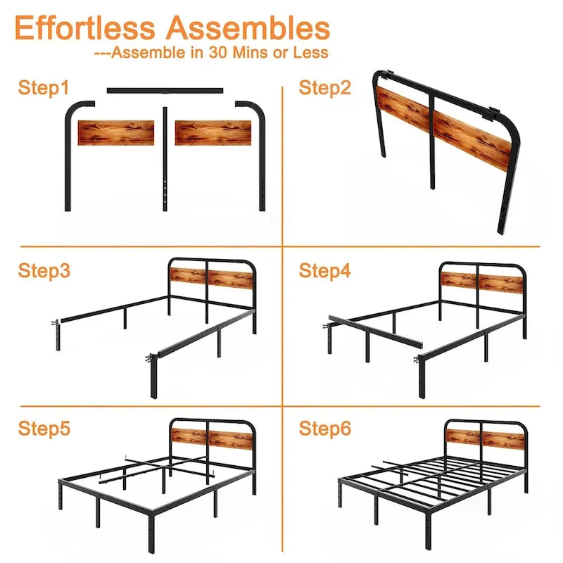 Bed Frame 14 Inch Rustic Wood Headboard, Heavy Duty Steel Slats Support, No Box Spring Needed