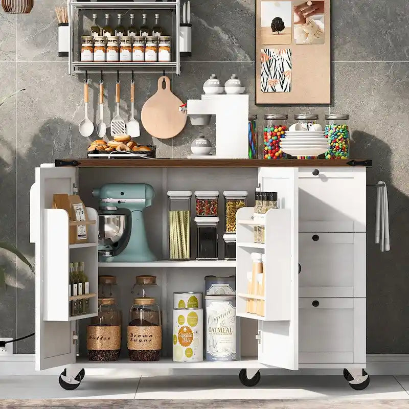 54.5 farmhouse kitchen island with electrical outlets, rolling kitchen cart with wheels