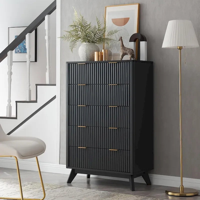 Commode moderne cannelée à 5 tiroirs, Chiffonnier, Meuble TV commode