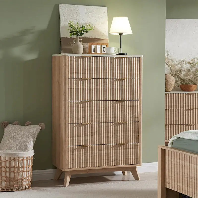 Commode moderne cannelée à 5 tiroirs, Chiffonnier, Meuble TV commode