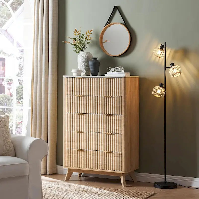 Commode moderne cannelée à 5 tiroirs, Chiffonnier, Meuble TV commode