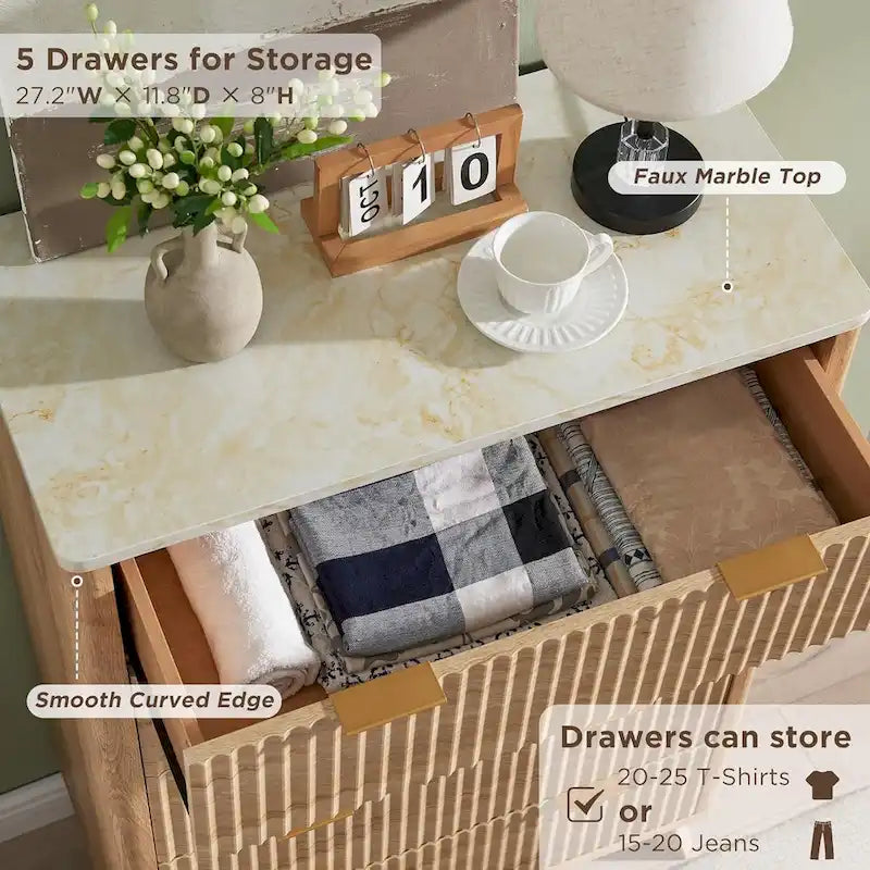 Commode moderne cannelée à 5 tiroirs, Chiffonnier, Meuble TV commode