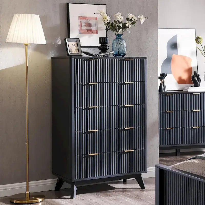 Commode moderne cannelée à 5 tiroirs, Chiffonnier, Meuble TV commode