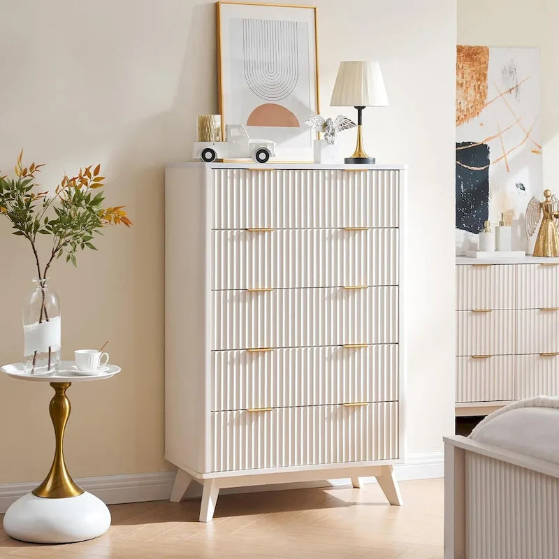 Commode moderne cannelée à 5 tiroirs, Chiffonnier, Meuble TV commode