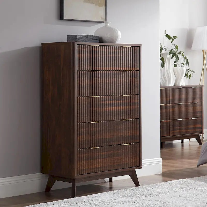Commode moderne cannelée à 5 tiroirs, Chiffonnier, Meuble TV commode