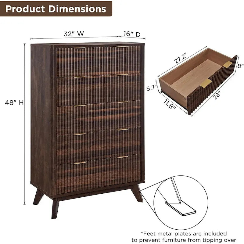 Commode moderne cannelée à 5 tiroirs, Chiffonnier, Meuble TV commode
