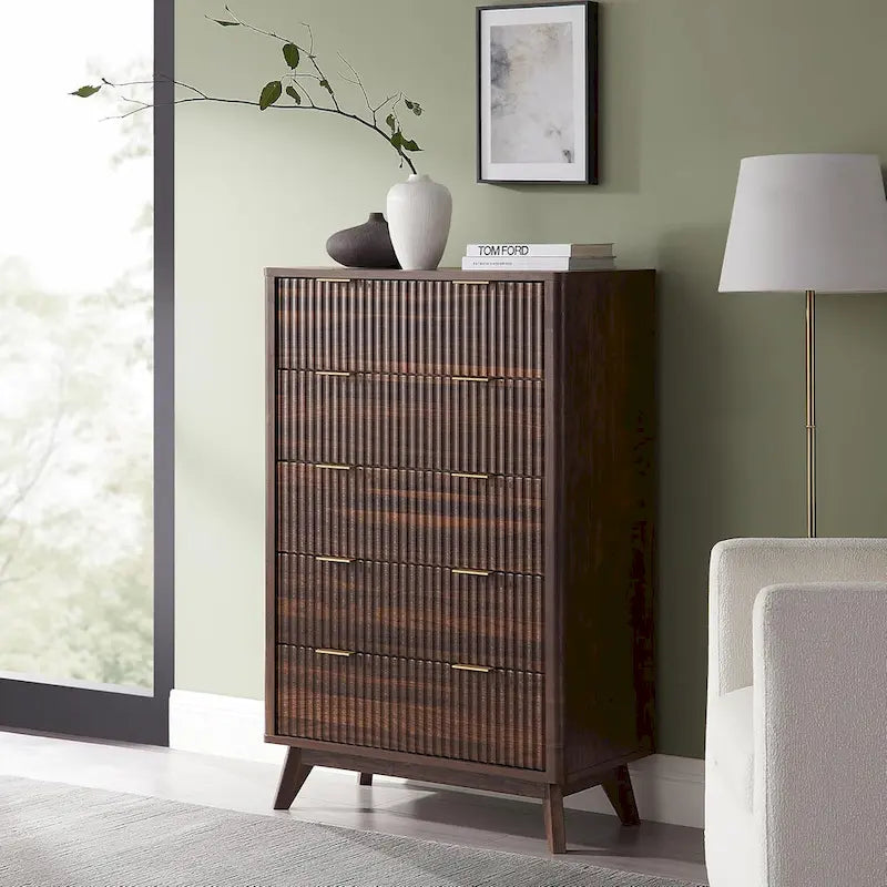 Commode moderne cannelée à 5 tiroirs, Chiffonnier, Meuble TV commode