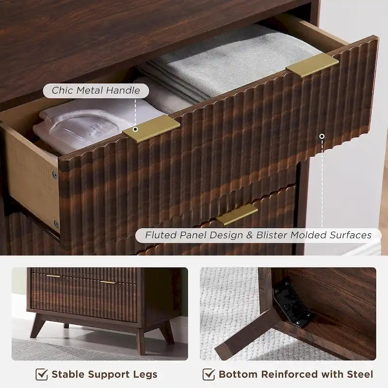 Commode moderne cannelée à 5 tiroirs, Chiffonnier, Meuble TV commode