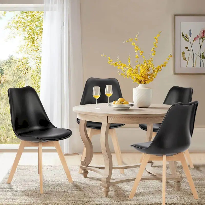 Dining Chair of 4 PU Leather Side Seating with Wood Legs
