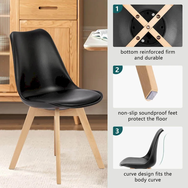 Dining Chair of 4 PU Leather Side Seating with Wood Legs