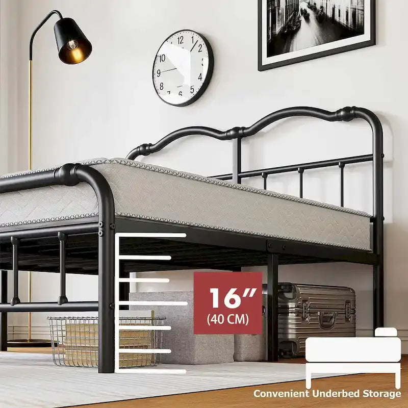 Heavy-duty Anti-Wobble 18 Inch Bed Frame With Wavy Art Headboard, Easy Assembly