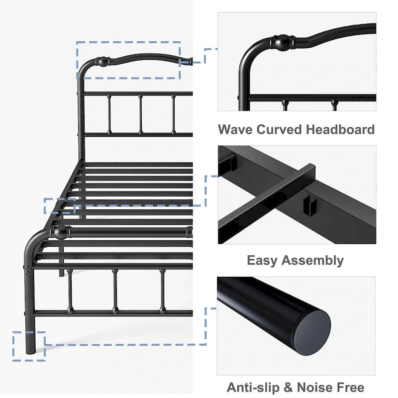 Heavy-duty Anti-Wobble 18 Inch Bed Frame With Wavy Art Headboard, Easy Assembly