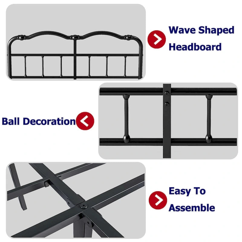 Heavy-duty Anti-Wobble 18 Inch Bed Frame With Wavy Art Headboard, Easy Assembly