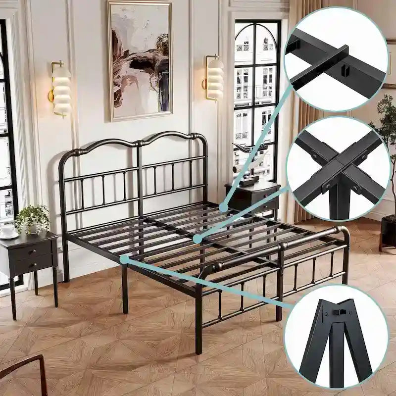 Heavy-duty Anti-Wobble 18 Inch Bed Frame With Wavy Art Headboard, Easy Assembly