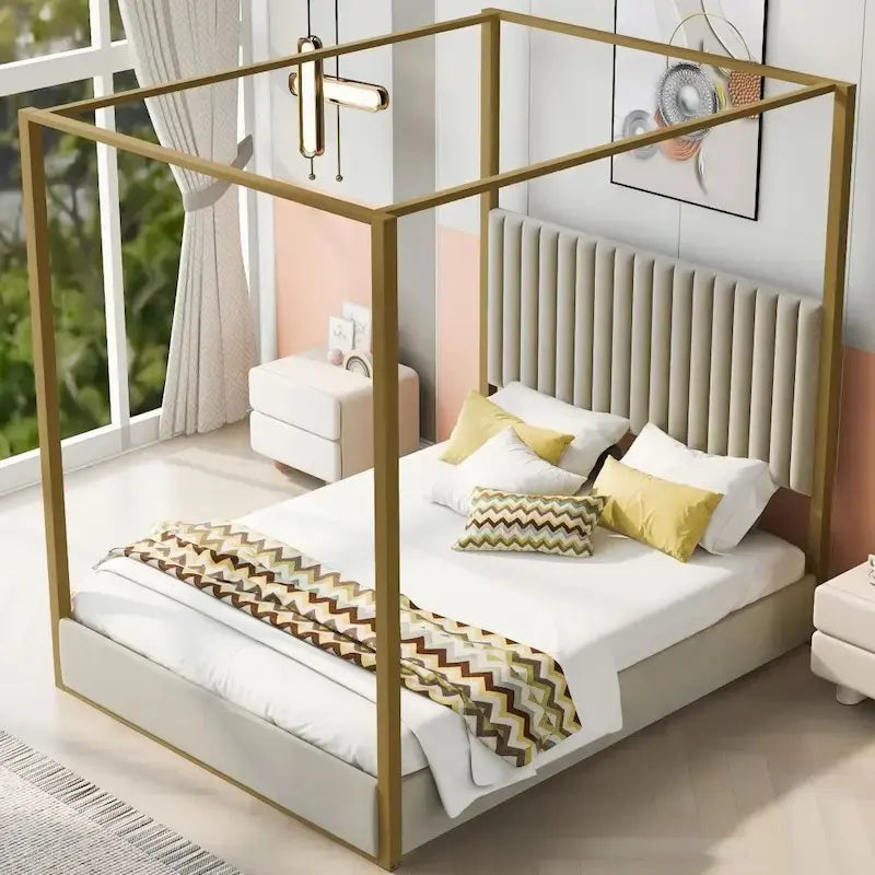 Queen Size Upholstery Canopy Platform Bed