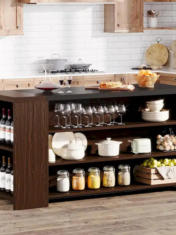 Îlot de cuisine de 55" en bois avec rangement, table îlot fixe à 5 niveaux avec 5 étagères