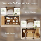 Îlot de cuisine de 55" en bois avec rangement, table îlot fixe à 5 niveaux avec 5 étagères