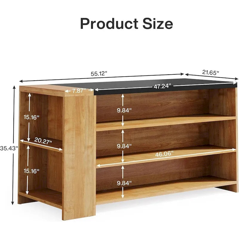 55 Wood Kitchen Island with Storage, 5-Tier Stationary Island Table with 5 Shelves